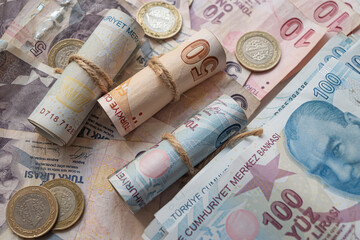 Turkish lira banknotes. Economy concept.Turkish lira in the background. selective focus.