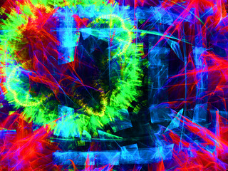 Composición de arte digital conceptual consistente en trazos irregulares solapados en colores...