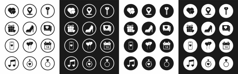 Set Key in heart shape, Woman shoe with high heel, Gift box and, Heart, Like, Map pointer, Calendar February 14 and Mobile phone icon. Vector