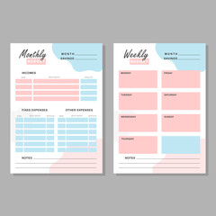 Monthly and weekly budget planner. Finance planner template with pink and blue abstract details. Vector illustration.