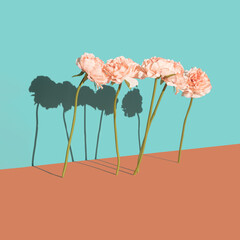 Fake flowers surreal scene on a two tone pastel background. Artificial universe love minimal concept. - 479082051