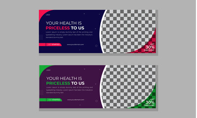 Medical Facebook Cover Design Template Set, Health care Social Media Design With Pink And Green Color, Web Banner Template With Dark Blue and Brown Color Background