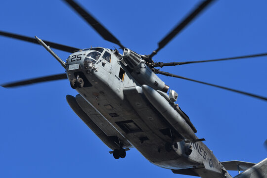 Kanagawa, Japan - December 18, 2021:United States Marine Corps (USMC) Sikorsky CH-53E Super Stallion heavy-lift cargo helicopter from HMH-466 "Wolfpack".