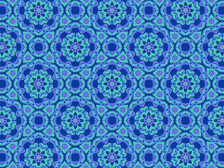 Exquisite winter pattern with neon-blue ribbon lace on dark blue background. Concept of northern lights hypnotic beauty. Repeating aurora borealis pattern. Abstract lacy flowers and snowflakes.