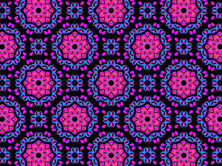 Exquisite, vibrant and energetic purple/black pattern with multicolor ribbon lace. Concept of night flowers beauty. 