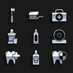 Set Tube of toothpaste, Mouthwash plastic bottle, Dental protection, Otolaryngological head reflector, clinic for dental care, First aid kit and Toothbrush icon. Vector