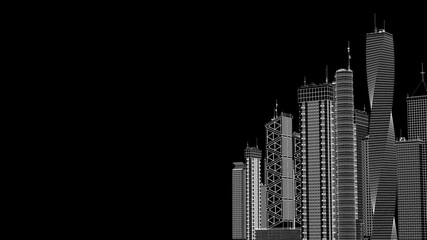 city buildings with highlighted mesh wireframe on black, isolated, not real design - object 3D rendering