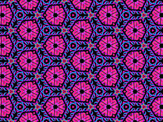 Exquisite, vibrant and energetic purple/black pattern with multicolor ribbon lace. Concept of night flowers beauty. 