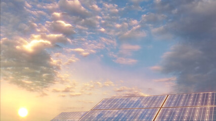 Fototapeta na wymiar ecological solar panels on blue sky bg, fictional design - industrial 3D rendering