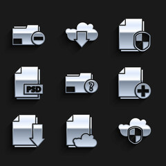Set Unknown document folder, Cloud storage text, and shield, Add new file, Document with download, PSD, protection concept and minus icon. Vector