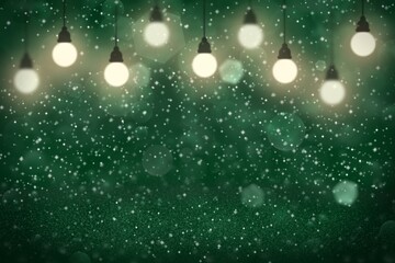 Fototapeta na wymiar teal, sea-green beautiful sparkling glitter lights defocused light bulbs bokeh abstract background with sparks fly, festive mockup texture with blank space for your content