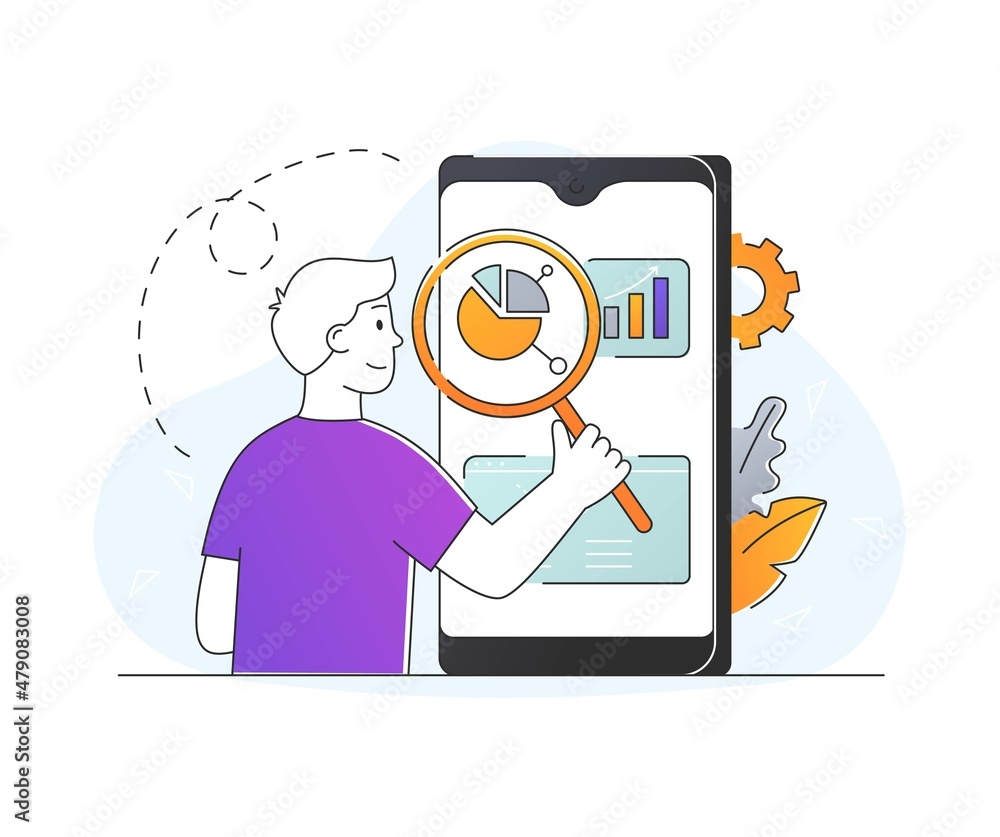 Poster concept of mobile seo. man with magnifying glass in his hands examines smartphone screen. keyword an