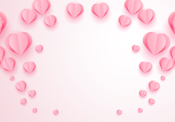 Valentine's Day Greeting Card with Pink Paper Elements in Shape of Heart Flying on Pink Background. Vector Symbols of Love for Happy Women's, Mother's, Valentine's Day, Birthday Design Romantic Banner