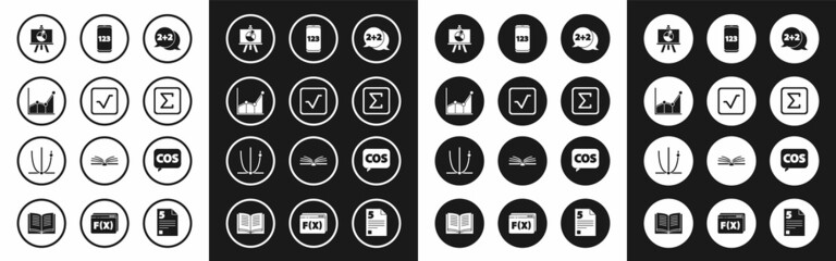 Set Equation solution, Square root, Graph, schedule, chart, diagram, Chalkboard with, Sigma symbol, Mobile calculator interface, Mathematics function cosine and icon. Vector