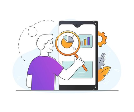 Concept of mobile SEO. Man with magnifying glass in his hands examines smartphone screen. Keyword analysis. Character evaluates effectiveness of page optimization. Cartoon flat vector illustration