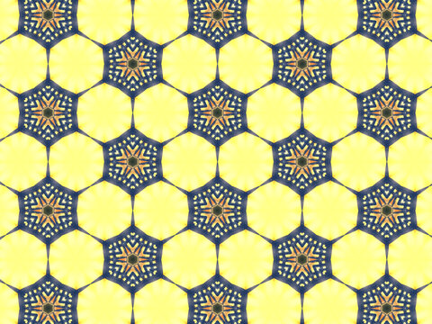 Repeating kaleidoscopic pattern with abstract flowers and light effects. A yellow/navy pattern for surface design. Concept of night and lighting. Concept of the dark and the light.