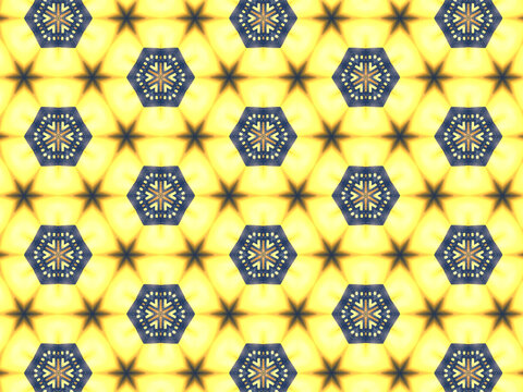 Repeating kaleidoscopic pattern with abstract flowers and light effects. A yellow/navy pattern for surface design. Concept of night and lighting. Concept of the dark and the light.