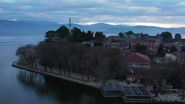 Aerial view of Ioannina city in Greece, Aslan Pasha Tzami, the lake with the island of Kyra Frosini or nissaki.