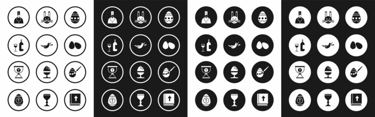 Set Easter egg, Peace dove with olive branch, Wine bottle glass, Priest, eggs, rabbit, and paint brush and Christian chalice icon. Vector