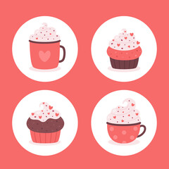 Valentines Day hot drinks with cupcakes. Vector illustration.