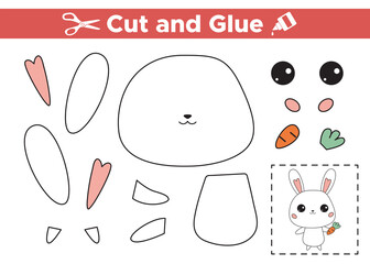 Cut and glue cute bunny with carrot. Educational paper game for children. Easter printable worksheet. Cutout and gluing to create the image. Cute cartoon kawaii rabbit. Vector illustration.