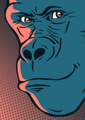 Gorilla head on a color background. A sly smile on his face. Wild animal primate. Vector cartoon illustration drawing. Pop art style