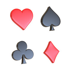 Aces playing cards symbol clubs, diamons, spades and hearts with red and black colors isolated on the white background. 3d render illustration