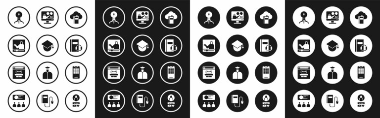Set Cloud or online library, Graduation cap globe, Online education, Web camera, Audio book, Mobile phone and Browser window icon. Vector