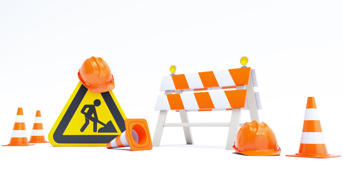 Under construction concept. Road Barrier with Sign and Cones. 3D render
