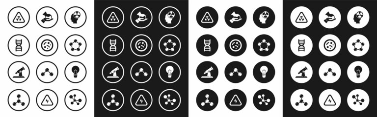 Set Head and radiation symbol, Bacteria, DNA, Triangle with, Molecule, Test tube flask, Light bulb concept of idea and Telescope icon. Vector