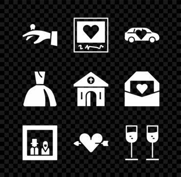 Set Wedding rings on hand, Photo frames hearts, Limousine car, Family photo, Amour with arrow, Glass of champagne, Woman dress and Church building icon. Vector