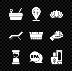 Set Sauna bucket and ladle, Massage, Lotus flower, Old hourglass, Spa salon, Ointment cream tube, Sunbed umbrella and icon. Vector