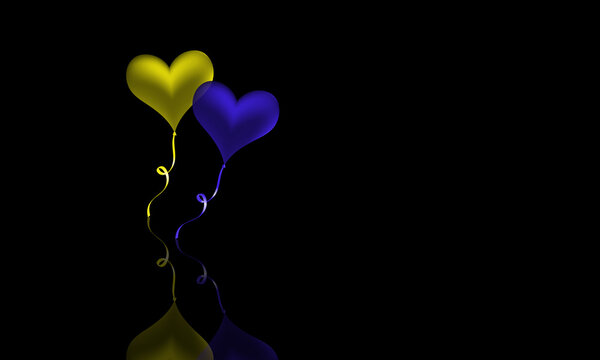 Yellow And Blue Heart Balloon Illustration On Dark Background And Its Reflection