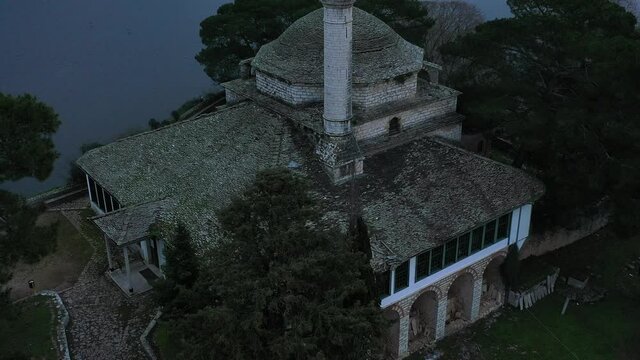 Aerial view of Ioannina city in Greece, Aslan Pasha Tzami, the lake with the island of Kyra Frosini or nissaki.