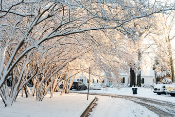Richmond, Virginia, - 1/4/2022 - The first snowfall in the suburbs of Richmond with snow covered...