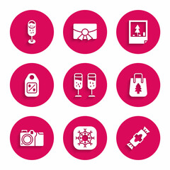 Set Glass of champagne, Snowflake, Candy, Christmas shopping bag, Photo camera, Price tag with Sale, postcard and icon. Vector