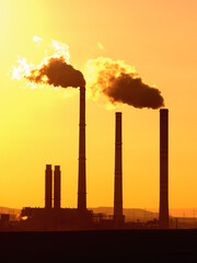 coal fired power station silhouette at sunset, Pocerady, Czech republic