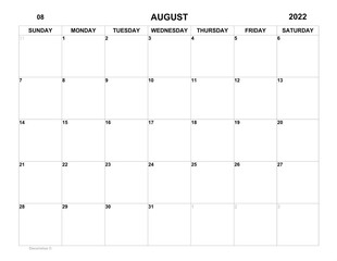 Planner for august 2022. Schedule for month. Monthly calendar. Organizer