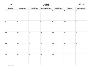 Planner for June 2022. Schedule for month. Monthly calendar. Organizer for June