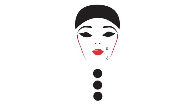 Animation with tears falling on the face of a pierrot