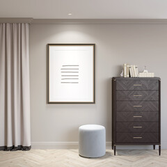 Light modern interior with an illuminated vertical poster on a light beige wall, a round blue ottoman near a tall dark wood chest of drawers, light beige curtains, parquet flooring. 3d render