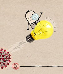 Cartoon Man with mask, escaping Virus with a Light Bulb Rocket