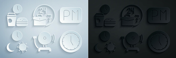 Set Ringing alarm bell, Day time, and night with, Clock, Always busy and Fast food icon. Vector