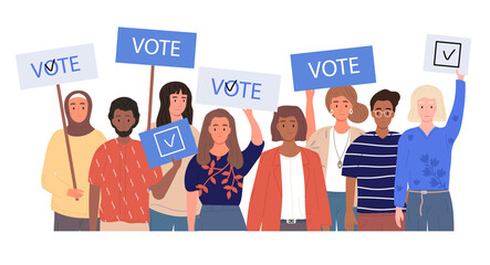 Obraz premium Political election concept. Group of different people with posters calling for voting. Choice of candidate for post of president. Men and women choose government. Cartoon flat vector illustration