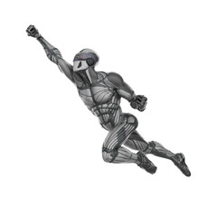 super hero in a exosuit is flying up