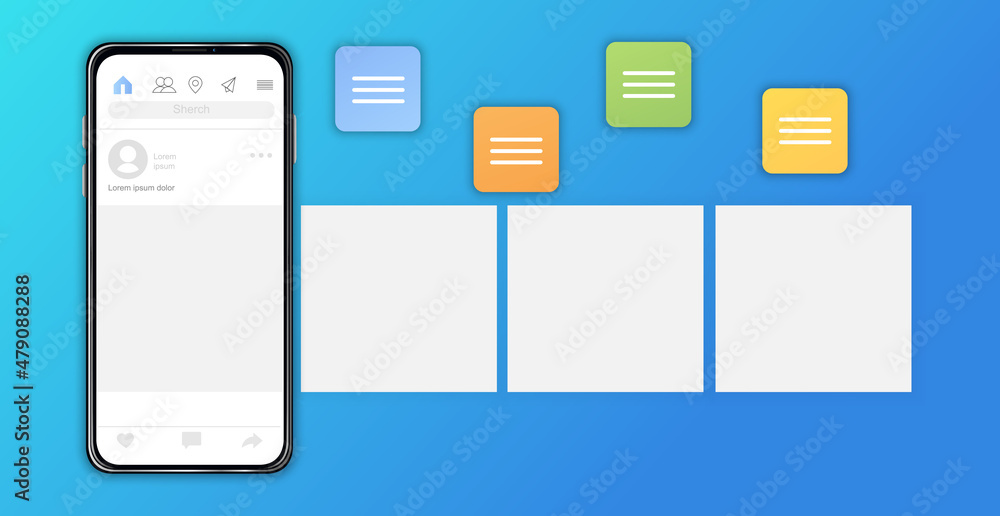 Poster application on realistic smartphone. colorful template with empty spaces to overlay photos and pictu
