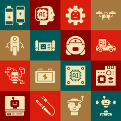 Set Disassembled robot, Motherboard digital chip, Autonomous smart car, Robot, blueprint, Battery and vacuum cleaner icon. Vector