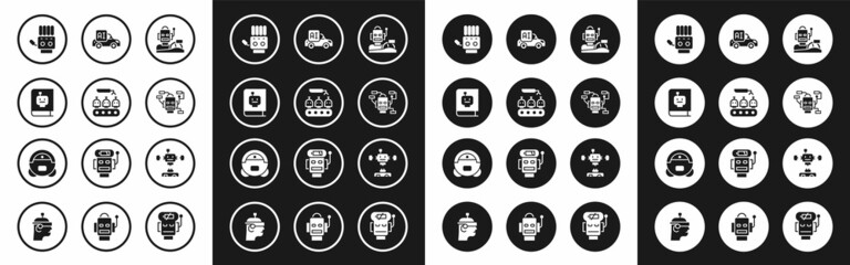 Set Robot humanoid driving a car, Industrial production of robots, User manual, Mechanical hand, Autonomous smart, Disassembled and vacuum cleaner icon. Vector