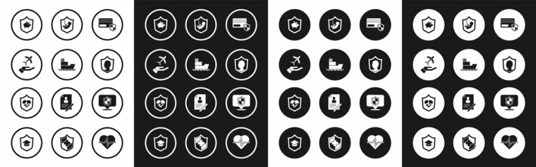 Set Credit card with shield, Ship, Plane in hand, Piggy bank, Life insurance, Location and icon. Vector