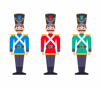 set of wooden soldiers of the 19th century. multicolored soldier uniform. flat vector illustration.